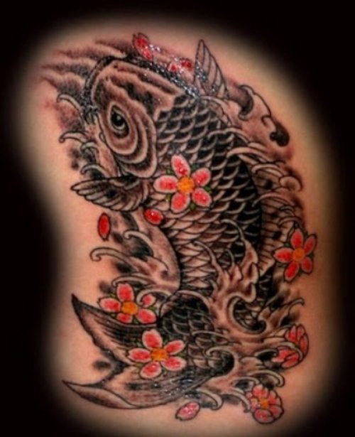 Amazing Color Flowers and Fish Tattoo On Side