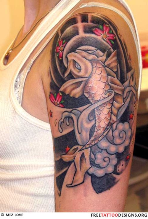 Amazing Grey Ink Koi Fish Tattoo On Left Half Sleeve