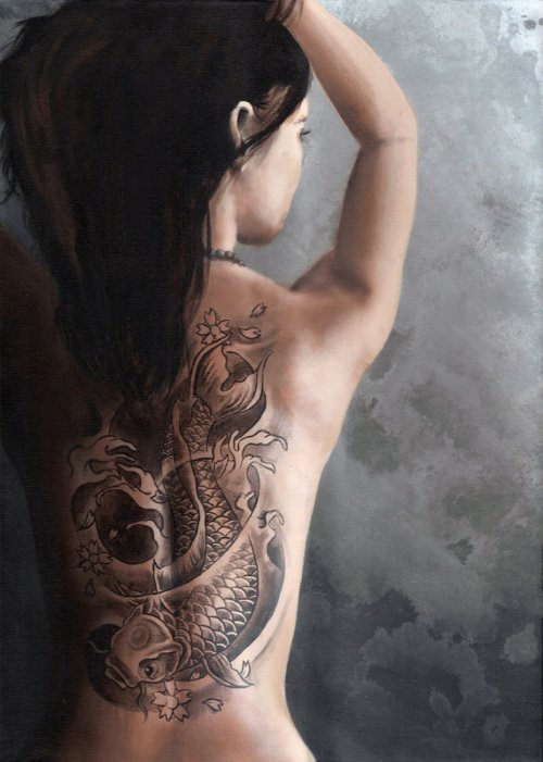 Grey Ink Fish Tattoo On Girl Back