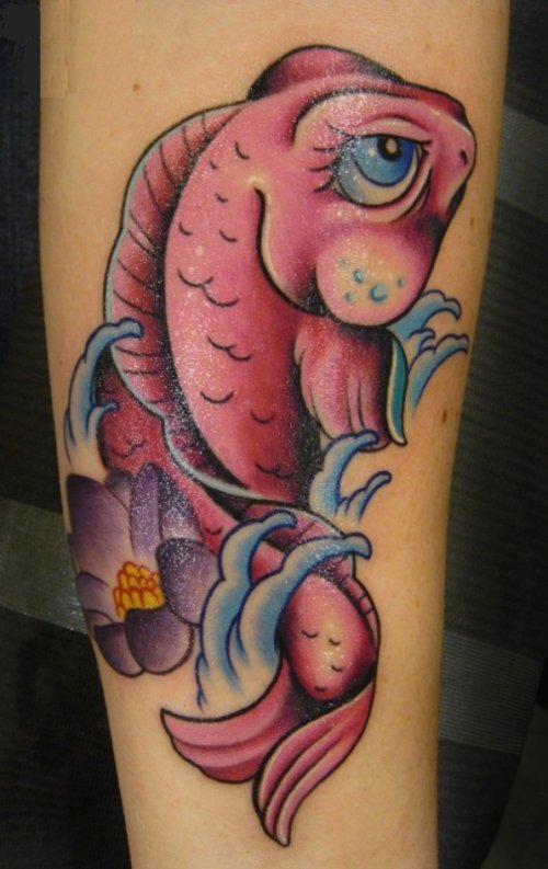 Attractive Red Ink Fish Tattoo On Sleeve