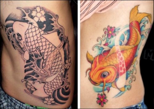 Grey Ink Flowers And Koi Fish Tattoos On Side Ribs
