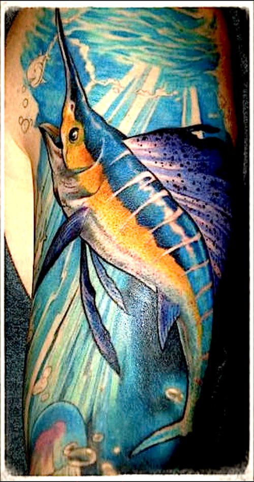 Colored Fish Tattoo On Half Sleeve