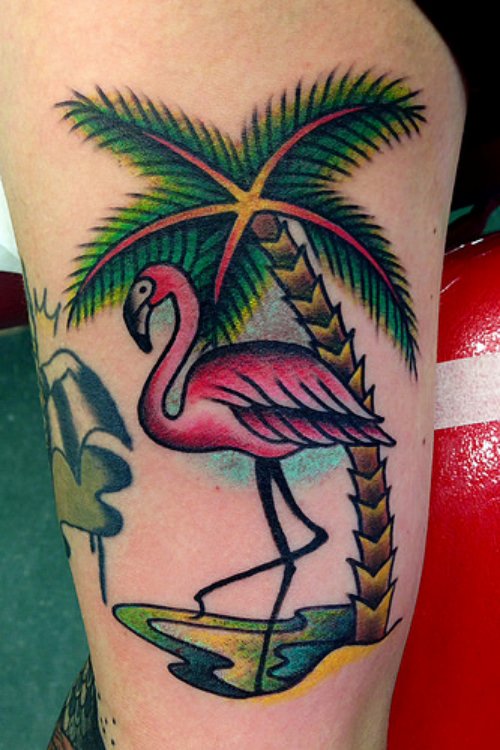 Green Palm Tree And Flamingo Tattoo On Half Sleeve