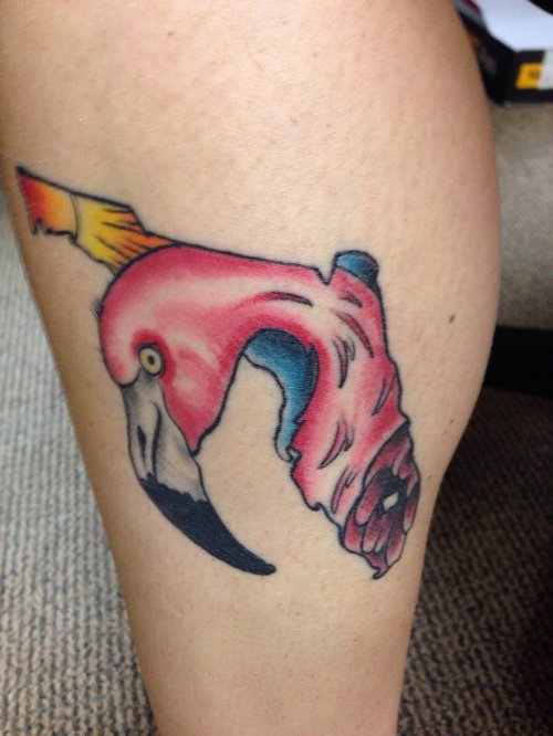 Color Ink Flamingo Head Tattoo On Leg