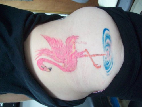 awesome Color Pink Flamingo Tattoo On Side Rib