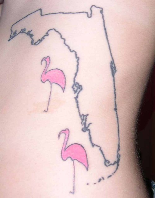 Small Pink Flamingo Tattoos On Side Rib