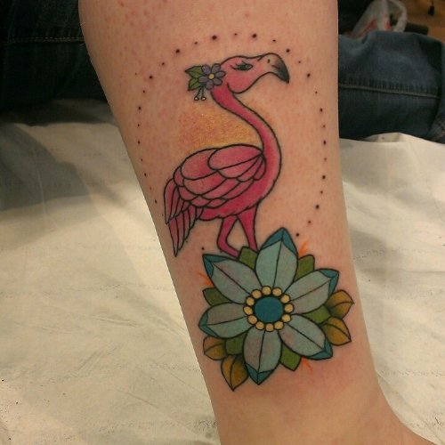 Flower and Flamingo Tattoo On Leg