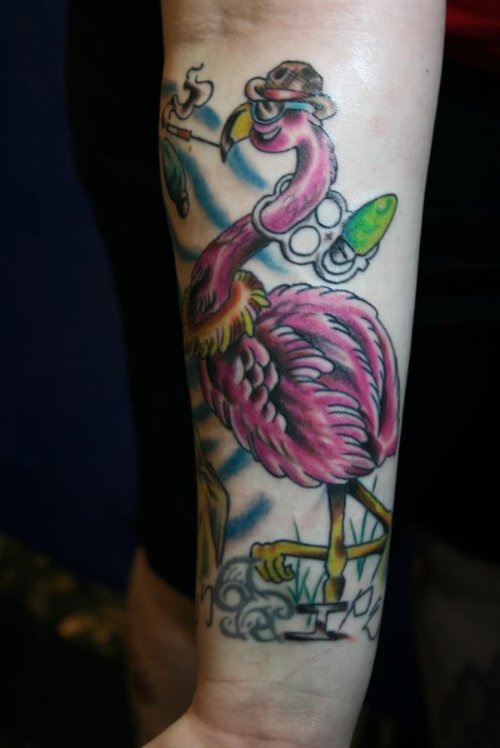 Flamingo Tattoo On Left Forearm