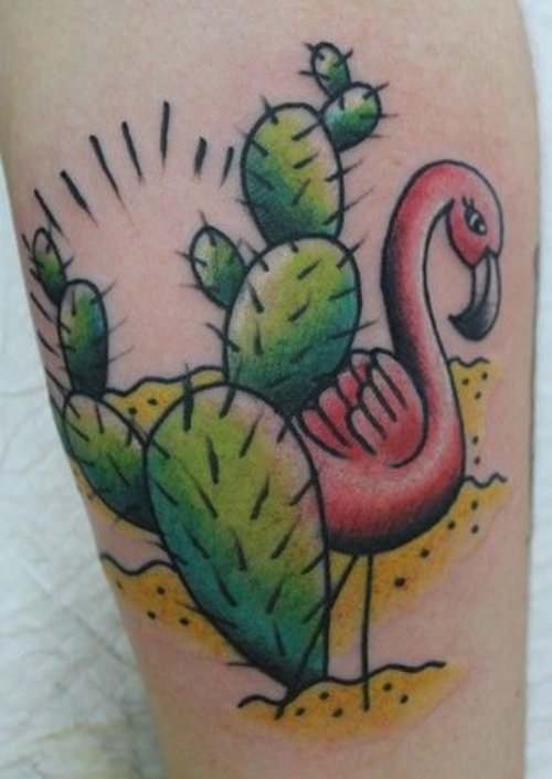 Cactus and Flamingo Tattoo On Bicep