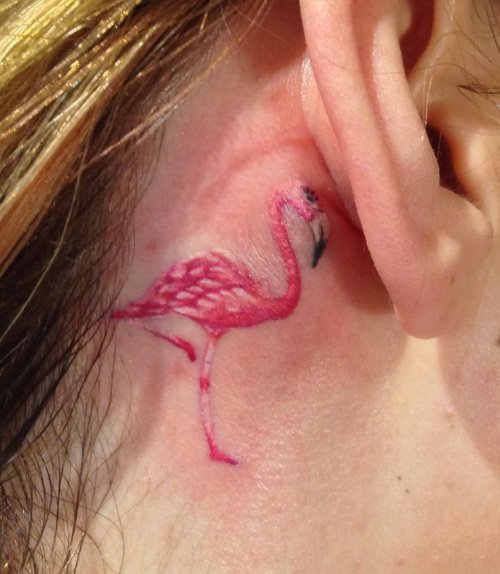 Pink Flamingo Tattoo Behind Ear
