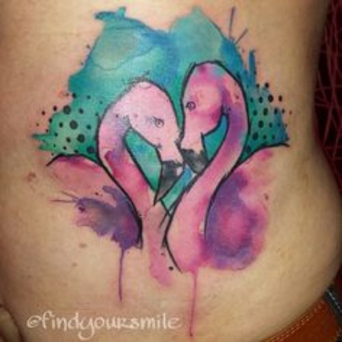 Abstract Colored Flamingo Tattoos On Side Rib