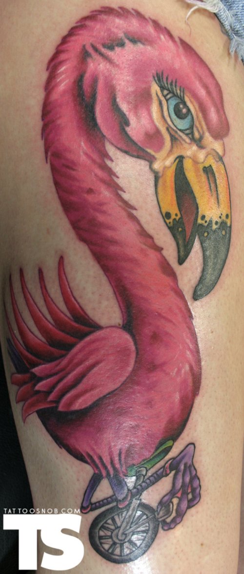 Red Ink Flamingo Tattoo On Sleeve