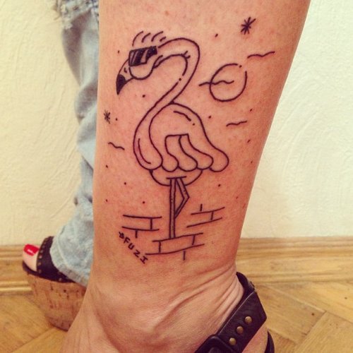 Outline Flamingo Tattoo On Girl Left Leg