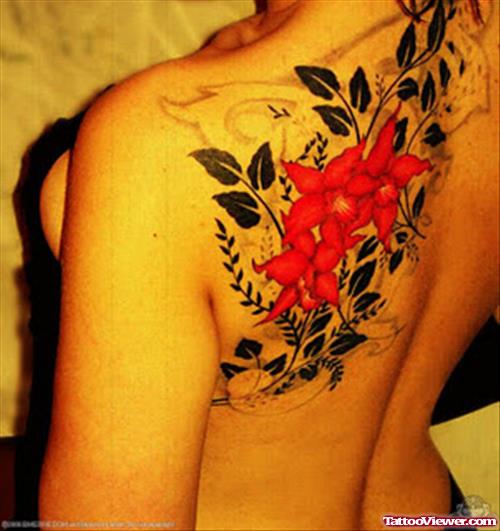 Red Flowers Tattoo On ABck
