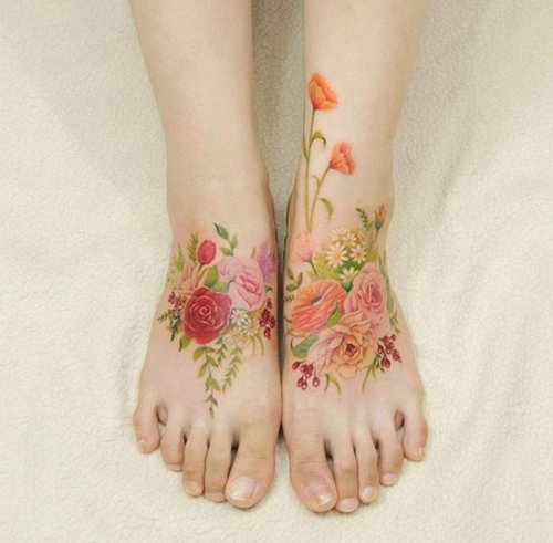 Colorful Rose Floral Tattoo On feet
