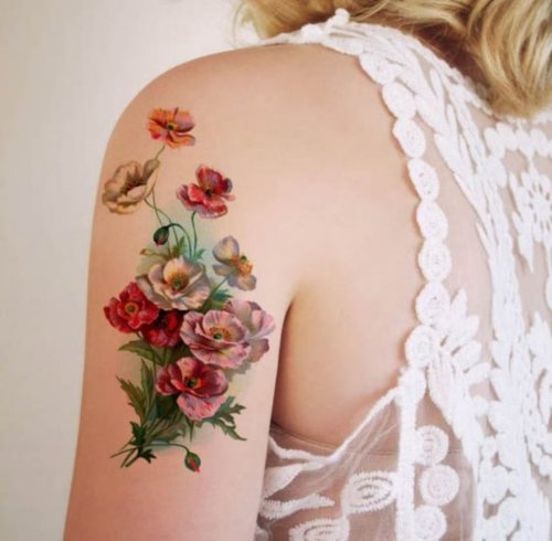 Colorful Floral Tattoo On Upper Sleeve