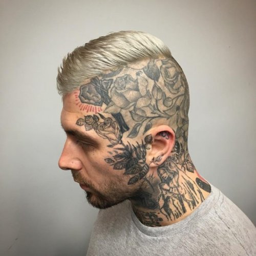 Grey Ink Floral Tattoo On Head