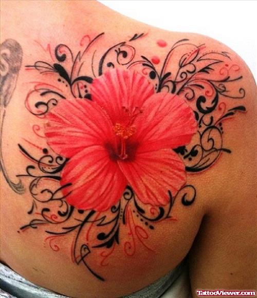 Wonderful Hawaiian Flower Tattoo On Right Back Shoulder