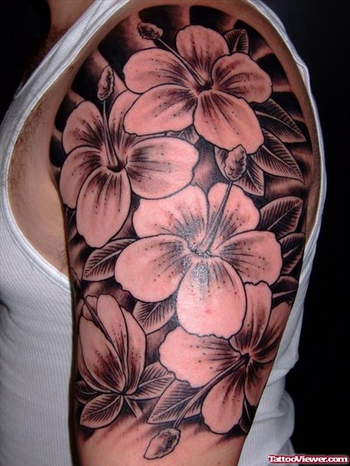 Hawaiian Flower Tattoos On Left Half Sleeve