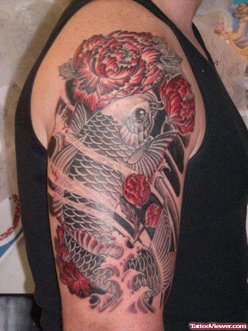 Flower Tattoo On Right Half Sleeve