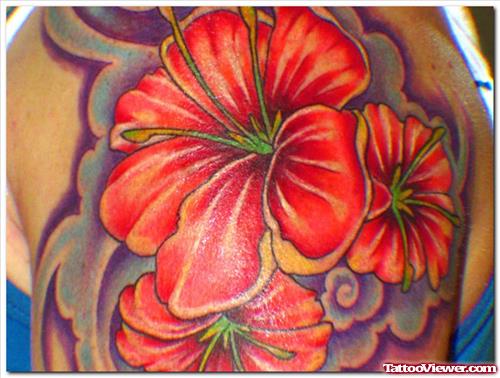 Hibiscus Flowers Tattoos On Right Shoulder