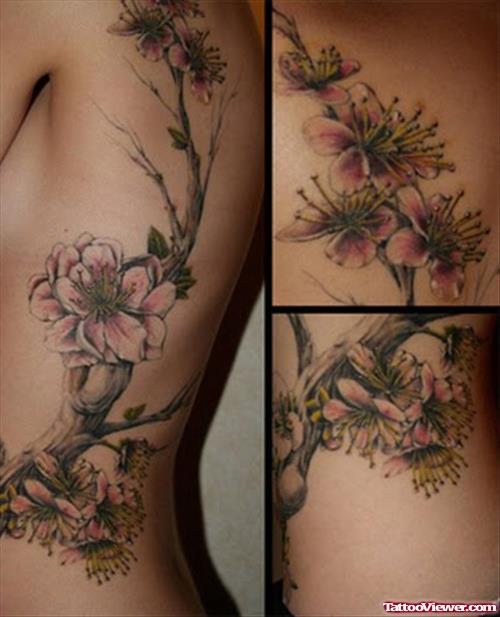 Girl With Rib Flower Tattoos