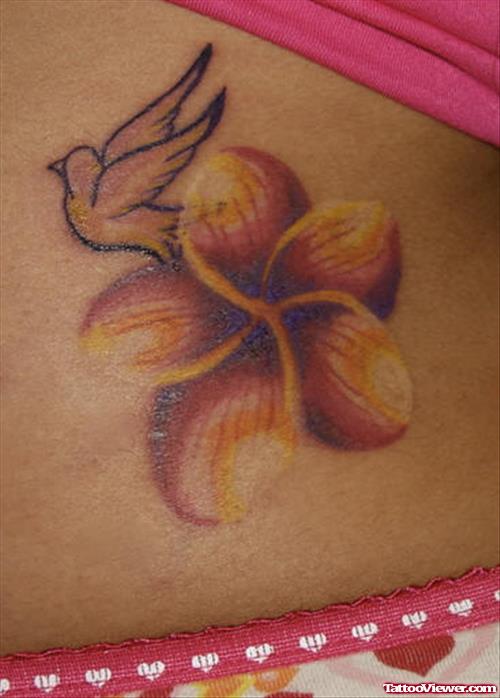 Flying Bird and Flower Tattoo On Hip
