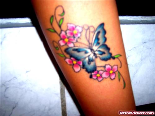 Blue Butterfly And Flower Tattoos