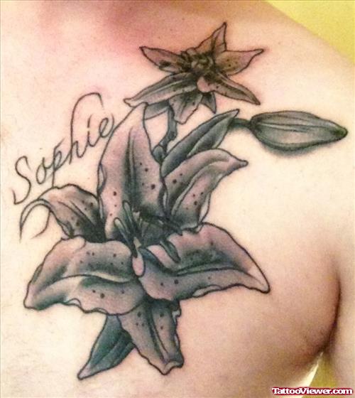Sophie Name And Grey Flowers Tattoos On Chest