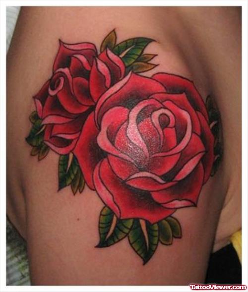 Red Rose Flowers Tattoos On Shoulder