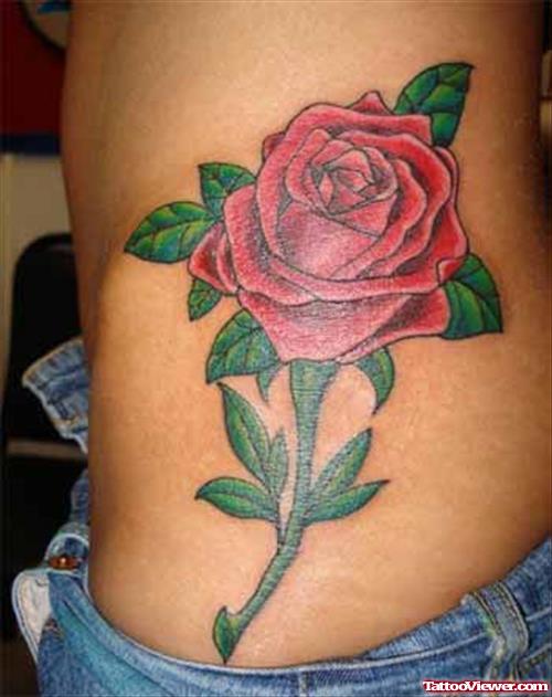 Red Rose Flower Tattoo On Side Rib