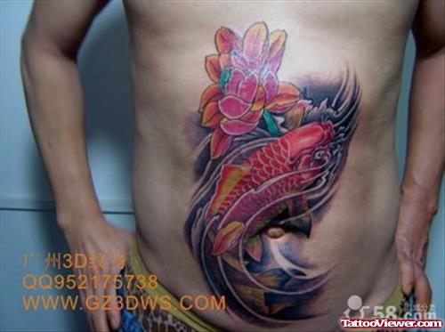 Red Koi And Flower Tattoo On Belly
