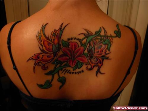 Little Butterfly And Flower Tattoo On Upperback