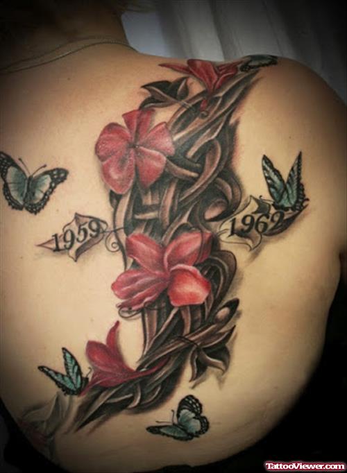 Flying Butterflies And Flower Tattoo On Right Back Shoulder
