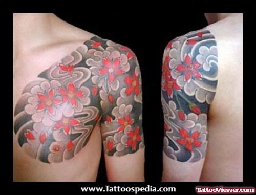 Japanese Flower Tattoos On Chest And Shoulder