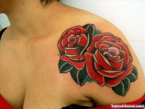 Red Roses Flowers Tattoos On Left SHoulder