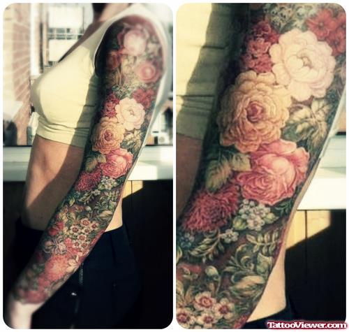 Girl Left Sleeve Flower Tattoo