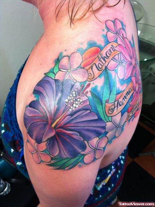 Banner And Flower Tattoos On Left Shoulder