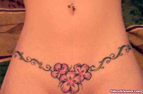 Tribal and Pink Flowers Tattoos On Stomach