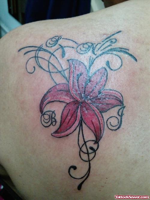 Red Flower Tattoo On Left Back Shoulder