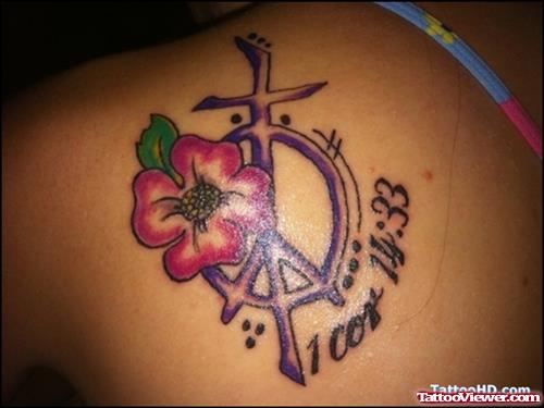 Memorial Peace Symbol and Flower Tattoo On Back Shoulder