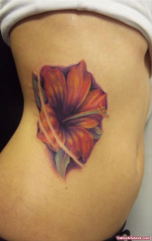 Hibiscus Flower Tattoos On Girl Rib Side
