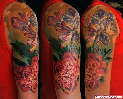 Colored Flowers Tattoos On Half Sleeve