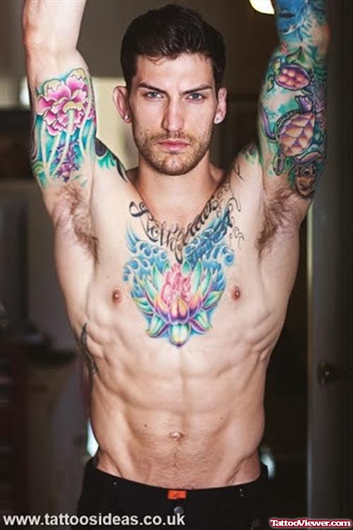 Colored Lotus Flower Tattoo On Man Chest