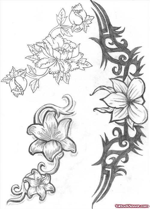 Tribal And Flower Tattoos Designs