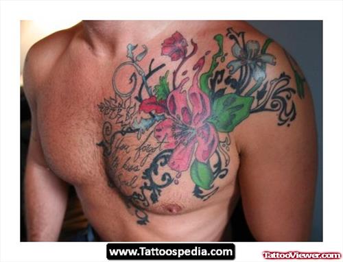 Tribal And Color Flower Tattoo On Chest