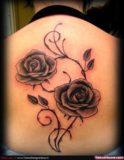 Grey Ink Rose Flowers Tattoo On Back