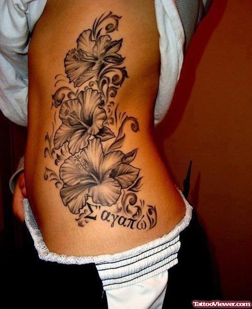 Grey Ink Lily Flowers Tattoos On Side Rib