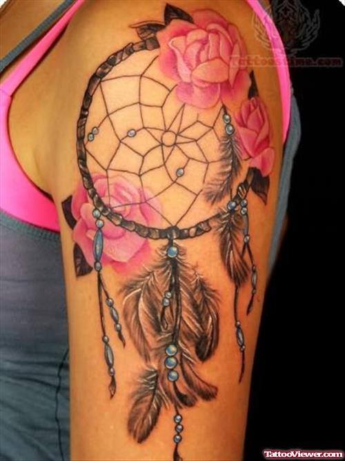 Pink Flowers And Dreamcatcher Tattoo On Left Shoulder