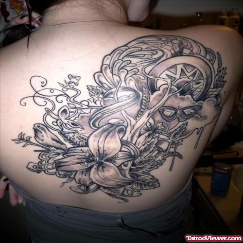 Grey Ink Flower Tattoos On Upperback